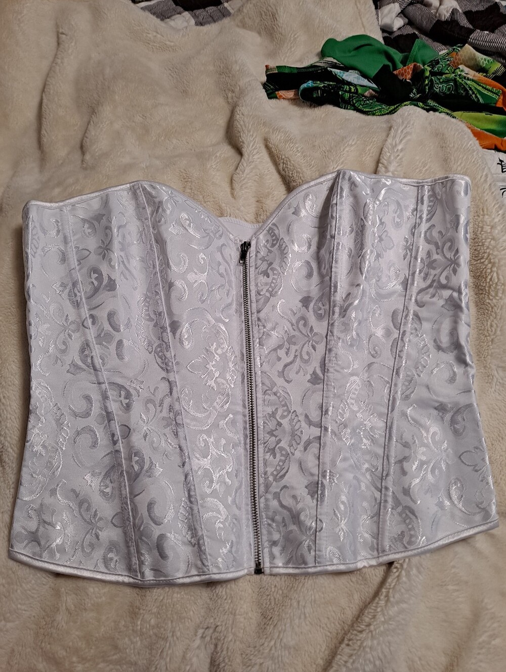 White Silver Brocade Zip-Front Corset Bustier